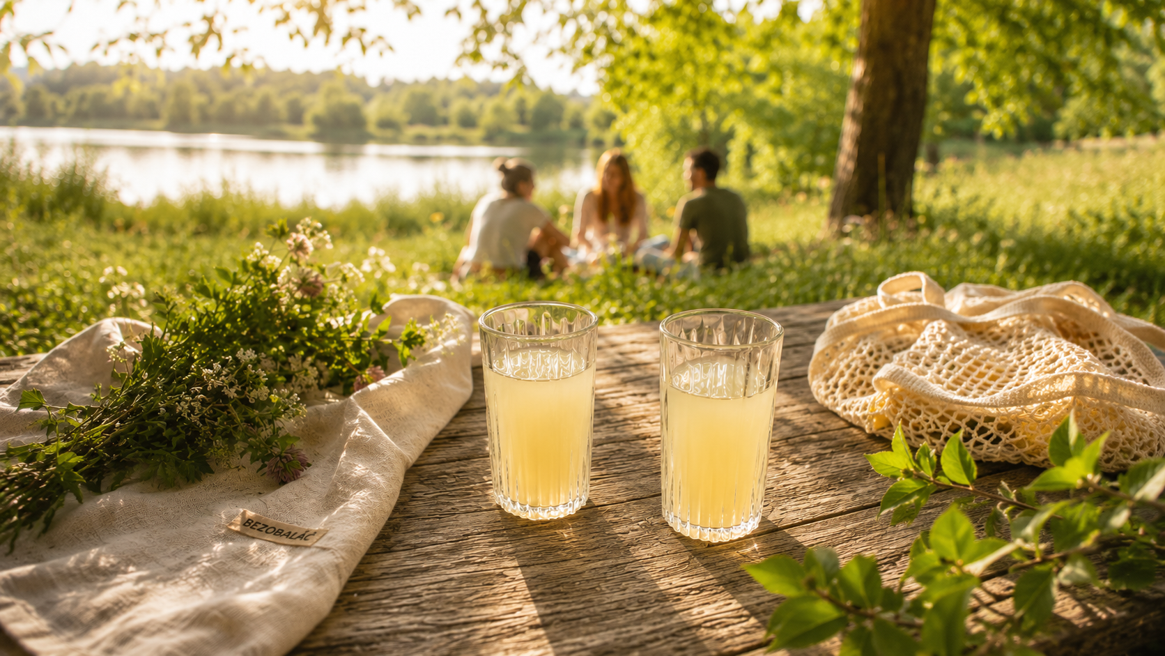 Domácí fermentovaná bezová limonáda ve sklenicích na dřevěném stole u jezera během letního pikniku